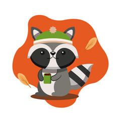 Kawaii cartoon of a raccoon with a coffee cup