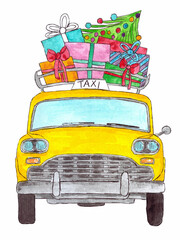 Classic Yellow cab with Christmas gifts