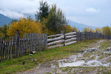 Hazy and overcast autumn Carpathian Mountains and dirty countryside path, Ukraine.