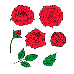 Set of red rose icons. Collection of rose flower. Decorative vector elements for tattoo, greeting card, wedding invitation.Vector illustration isolated on white.