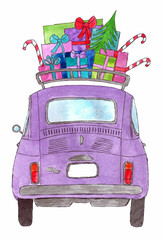 Purple car with Christmas gifts - obrazy, fototapety, plakaty