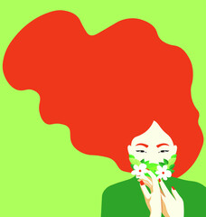 GLOBAL HEALTH – CORONAVIRUS – COVID - red haired woman wearing face mask on green background.