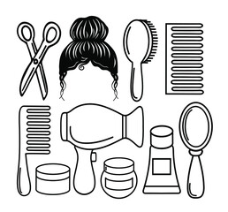 Hairdresser service line icons set. Professional hair styling. Beauty industry. Handraw doodle style.  Vector illustration isolated on white.