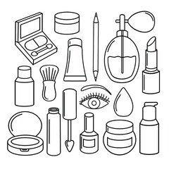 Makeup set. Cosmetics beauty elements. Hand drawn beauty illustration. Fashion art sketch. For postcards, flyers, banners, social networks.Vector illustration isolated on white.