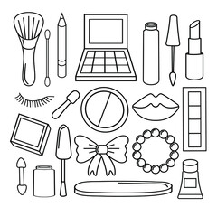 Makeup set. Cosmetics beauty elements. Hand drawn beauty illustration. Fashion art sketch. For postcards, flyers, banners, social networks.Vector illustration isolated on white.