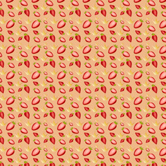 Strawberry pattern, on a beige background of whole berries and halves and with crowns.