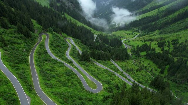 Bending streets at Silvretta High Alpine Road in Montafon Austria - travel photography by drone