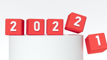Abstract 2021 to 2022 new year concept transition with red cubes with white background. Change calendar. Minimalist style counter. 3d render
