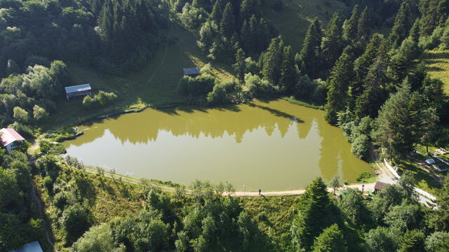 Panorama with lake, hills and forest. Taul Brazi