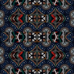 Fototapeta na wymiar Seamless pattern for textile clothing, accessories, scarves, stoles, interior design and interior surfaces. Kaleidoscope, mosaic, geometric patterns with graphic elements. Symmetrical composition