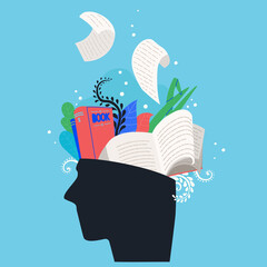 Reading, study and knowledge concept. Human head with books and leaves inside. Vector multicolor illustration.