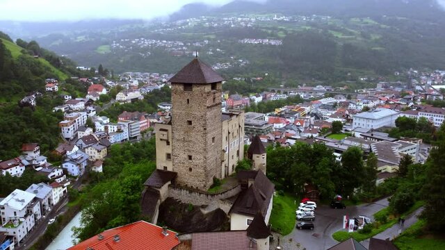 Village of Landeck in Austria with Landeck Castle - aerial view - travel photography by drone