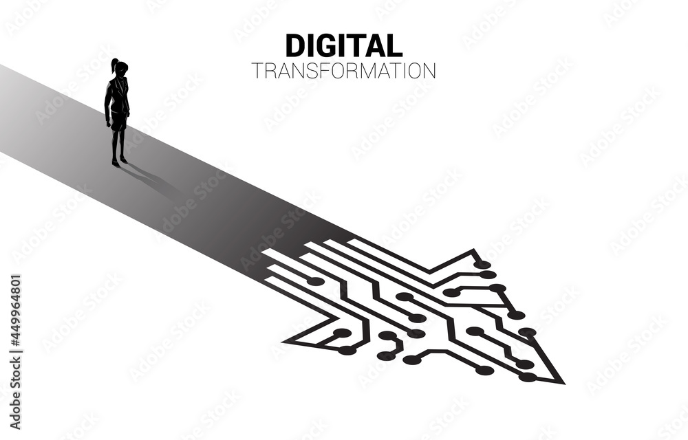 Aufkleber silhouette of businesswoman standing on the way with dot connect line circuit. concept of digital tr