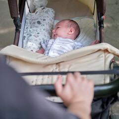 A baby aged one month is lying asleep in a carriage. Caucasian boy child lies in a stroller during a walk in nature
