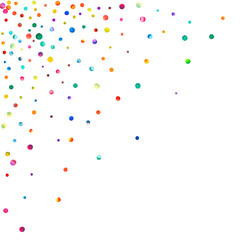 Watercolor confetti on white background. Actual rainbow colored dots. Happy celebration square colorful bright card. Dramatic hand painted confetti.