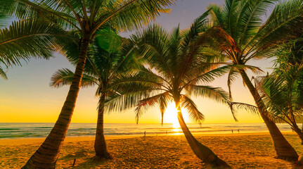 Silhouette coconut palm trees on beach at sunset or sunrise sky over sea Amazing light nature colorful landscape.