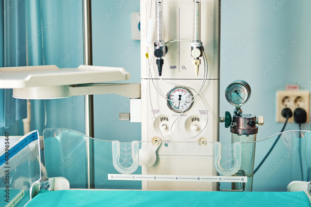 Wall mural a device for resuscitation of infants and checking the child on the apgar scale after delivery. mach