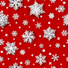 Christmas seamless pattern of paper snowflakes with soft shadows, white on red background