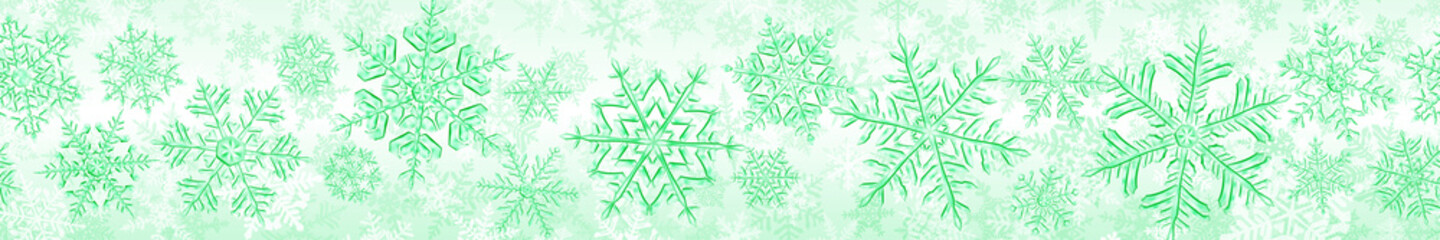 Banner of big complex translucent Christmas snowflakes in light green colors, isolated on transparent background. With seamless horizontal repetition