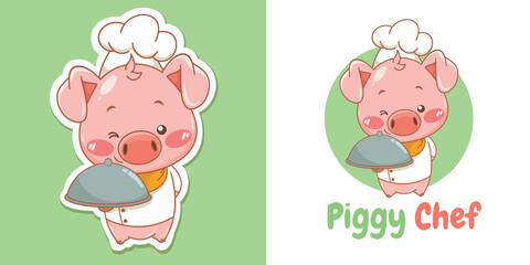 Cute pig chef cartoon character mascot