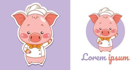 Cute pig chef cartoon character mascot