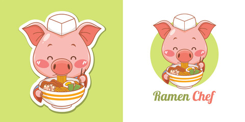 Obraz premium Cute pig chef mascot logo eating a ramen Japanese food