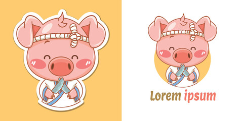 Fototapeta premium Cute pig Japanese chef mascot logo holding a knife 