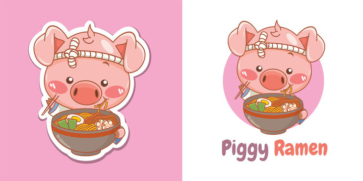 Cute pig chef mascot logo eating a ramen Japanese food