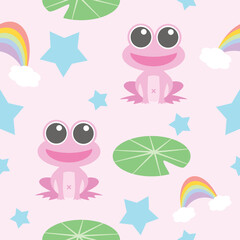 Smiling pink frog seamless pattern, rainbow, star, lotus leaves on pink background, pastel