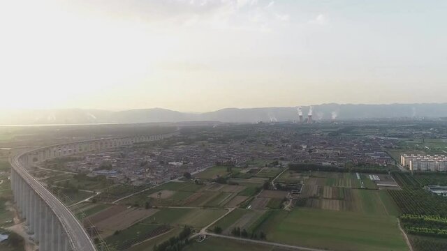 New Chinese railway line with an 8-km-long viaduct. Railway Bridge Menghua. 1817 km is the longest railway line in China. Menghua, Inner Mongolia. (aerial view)