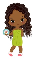 Cute Little Black Girl Wrapped in Towel. Vector Little Spa Girl
