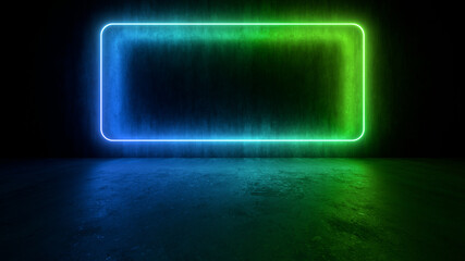 Sci Fy neon lamps in a dark hall. Reflections on the floor and walls. 3d rendering image.