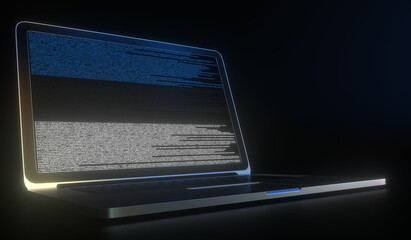 Flag of Estonia made with computer code on the laptop screen. Hacking or cybersecurity related 3d rendering