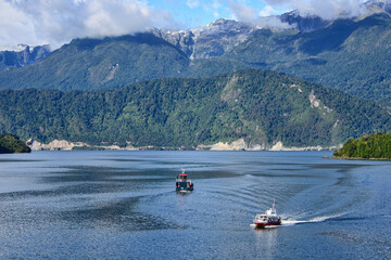 The Puyuhuapi fiord in the Ventisquero Sound in front of the Carretera Austral, Patagonia, Aysen,...
