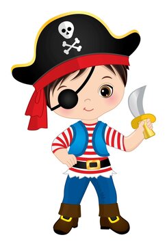 Cute Little Pirate Wearing Eye Patch and Hat with Skull