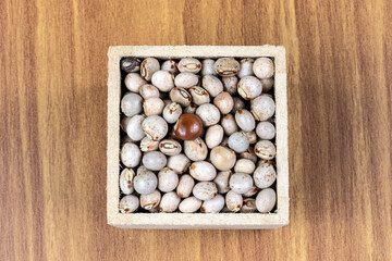 pigeon pea or tuvar beans or guandu bean (Cajanus cajan) seeds in wooden box on the wooden table in Brazil