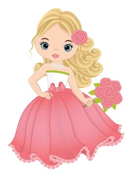 Vector Beautiful Girl in Pastel Pink Long Dress with Roses