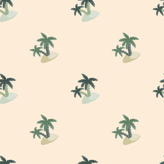 Fototapeta premium Tropical nature seamless pattern with island and palm tree print. Pastel tones. Abstract exotic ornament.
