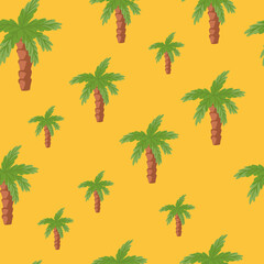 Random green palm tree elements seamless doodle pattern. Orange background. Minimalistic style.