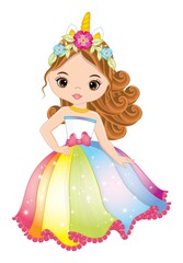 Beautiful Young Unicorn Girl Wearing Long Rainbow Dress and Horn with Flowers. Vector Unicorn Girl