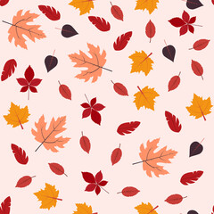 Autumn leaves seamless pattern Vector illustration in flat design Red, orange, yellow and brown leaves on light pink background