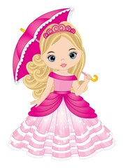 Vector Beautiful Princess Wearing Pink Dress and Tiara and Holding Umbrella. Vector Princess