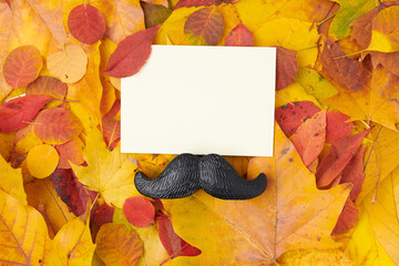 autumn flat lay with paper sheet, leaves and mustache