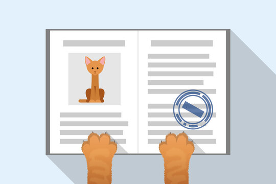 Pet passport is in paws of ginger cat, veterinary document