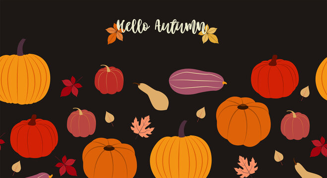 Hello, autumn. Vector illustration in flat design Seamless pattern with cute different pumpkins and dry leaves on black backdrop