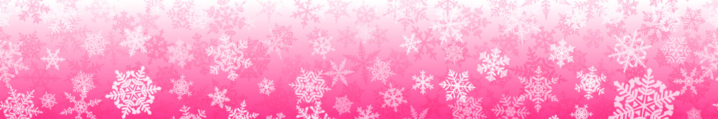 Naklejka na ściany i meble Banner of complex Christmas snowflakes with seamless horizontal repetition, in pink colors. Winter background with falling snow