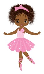 Beautiful Teen African American Ballerina Wearing Pink Tutu Dress and Headband. Vector Black Ballerina