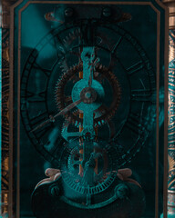Fototapeta na wymiar an antique clock with exposed mechanical parts
