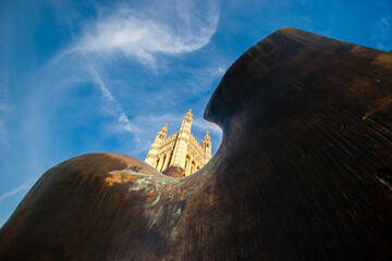Knife Edge sculpture in London under the sunlight and a blue sky in England