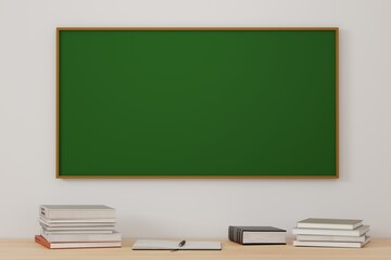 Blank blackboard mock up on the table with a book. 3d rendering.